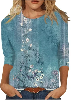 3/4 Length Sleeve Womens Tops Boho Printed Pullover Round Neck Casual Basic Blouses Loose Fit 3/4 Sleeve T Shirts