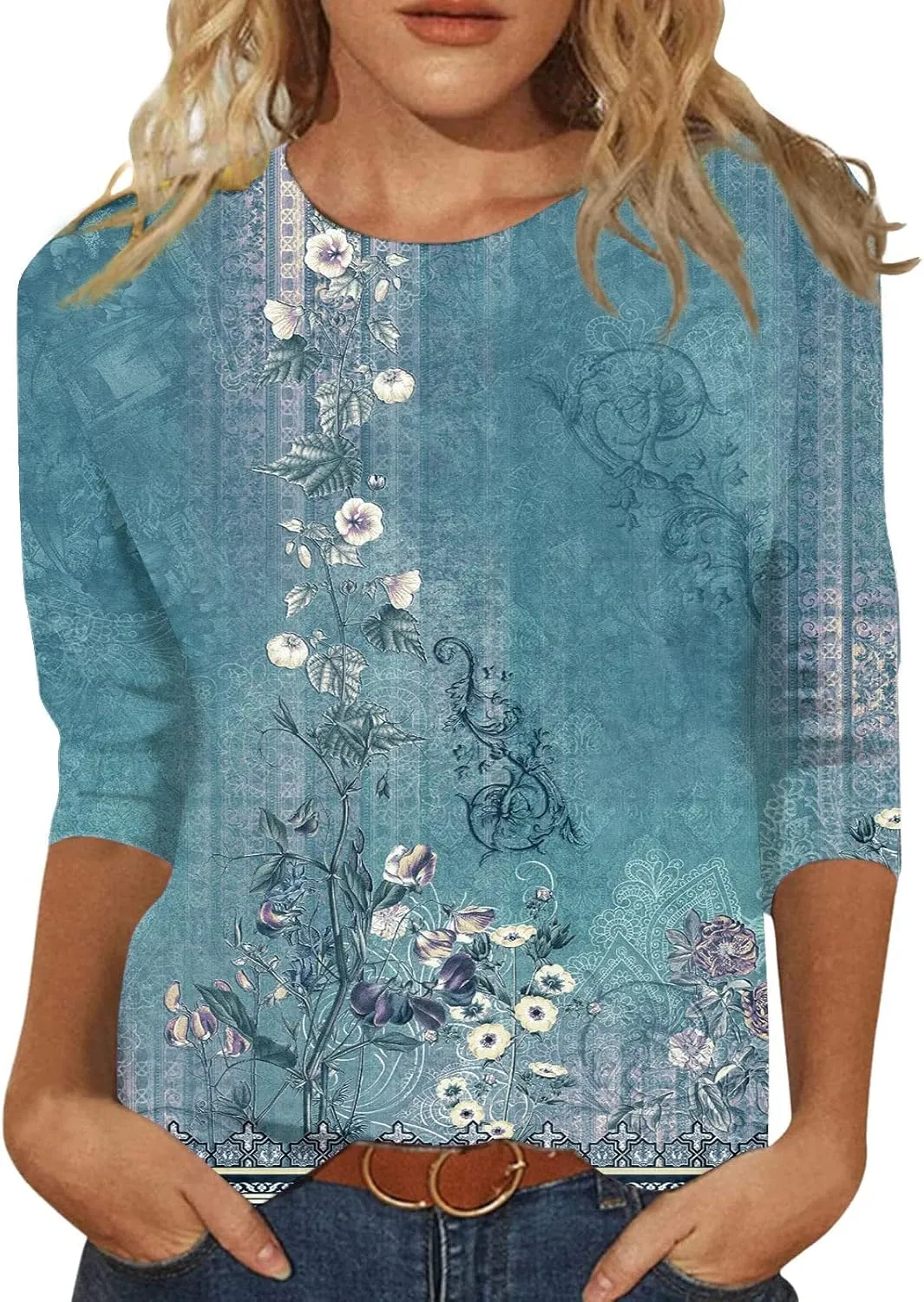 3/4 Length Sleeve Womens Tops Boho Printed Pullover Round Neck Casual Basic Blouses Loose Fit 3/4 Sleeve T Shirts