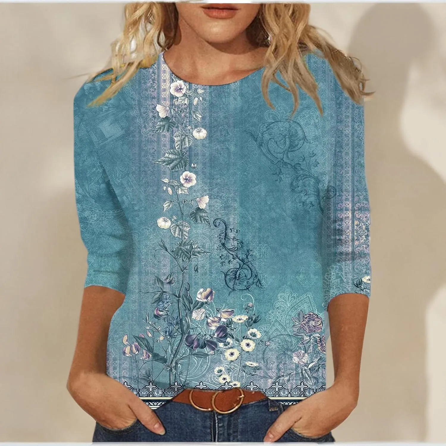 3/4 Length Sleeve Womens Tops Boho Printed Pullover Round Neck Casual Basic Blouses Loose Fit 3/4 Sleeve T Shirts