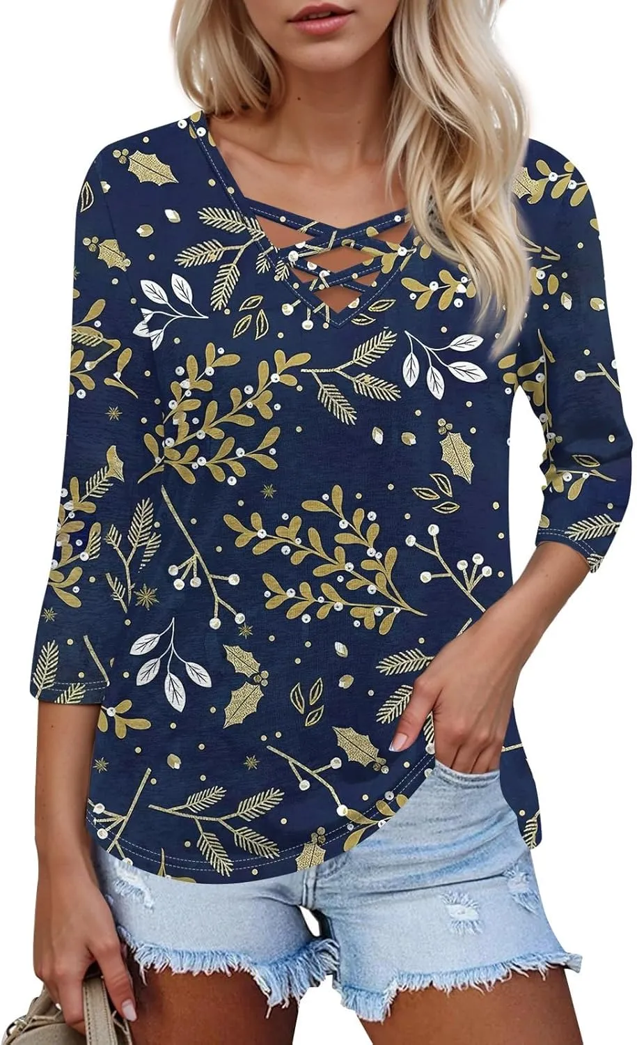 3/4 Length Sleeve Womens Tops Cross Collar Floral Print Lightweight Going Out T-Shirts Summer Casual Fashion Tees 2025