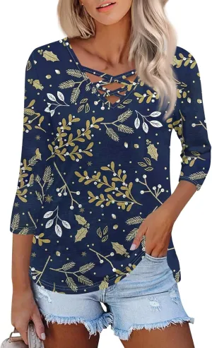 3/4 Length Sleeve Womens Tops Cross Collar Floral Print Lightweight Going Out T-Shirts Summer Casual Fashion Tees 2025