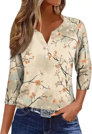 3/4 Length Sleeve Womens Tops Trendy Button Down V Neck Summer Tunics Boho Loose Fit T Shirts Dressy Casual 2025