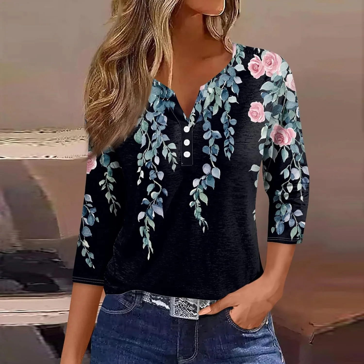 3/4 Length Sleeve Womens Tops Trendy Button Down V Neck Summer Tunics Boho Loose Fit T Shirts Dressy Casual 2025