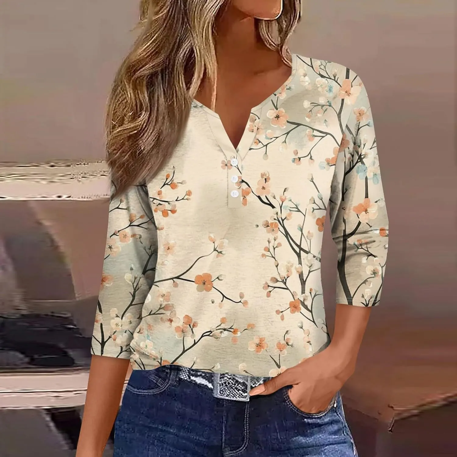 3/4 Length Sleeve Womens Tops Trendy Button Down V Neck Summer Tunics Boho Loose Fit T Shirts Dressy Casual 2025