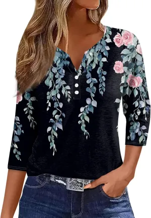 3/4 Length Sleeve Womens Tops Trendy Button Down V Neck Summer Tunics Boho Loose Fit T Shirts Dressy Casual 2025
