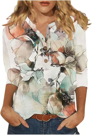 3/4 Sleeve Linen Tops for Women Summer 2024 Dressy Casual Button Down Shirts Boho Floral Print Loose Tunic Blouses