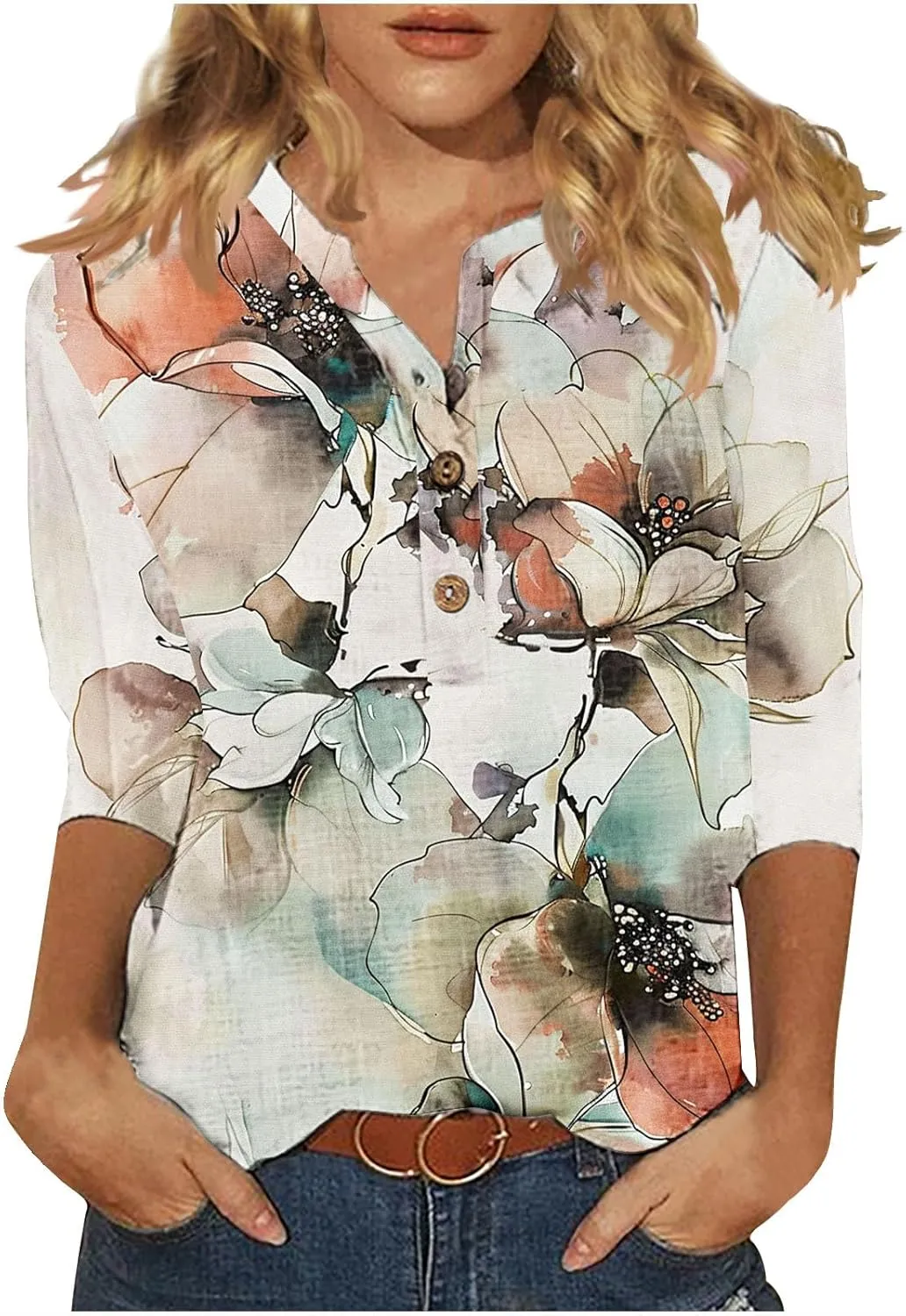 3/4 Sleeve Linen Tops for Women Summer 2024 Dressy Casual Button Down Shirts Boho Floral Print Loose Tunic Blouses
