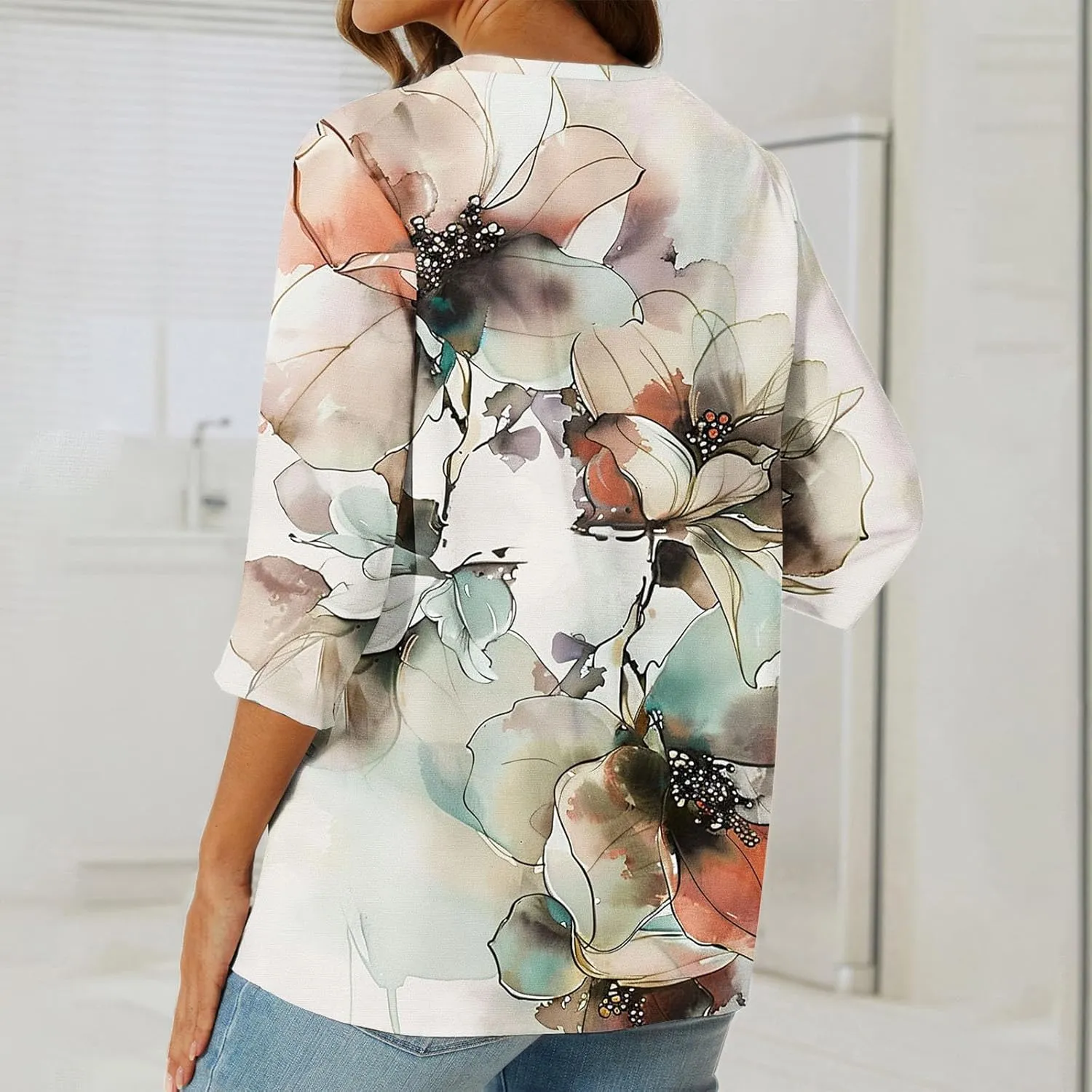 3/4 Sleeve Linen Tops for Women Summer 2024 Dressy Casual Button Down Shirts Boho Floral Print Loose Tunic Blouses