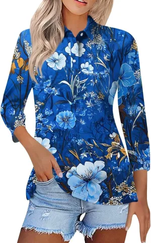 3/4 Sleeve Tops Polo Shirts for Women,Vintage Printed V Neck T Shirt Casual Blouses Button Down Pullover S-3Xl