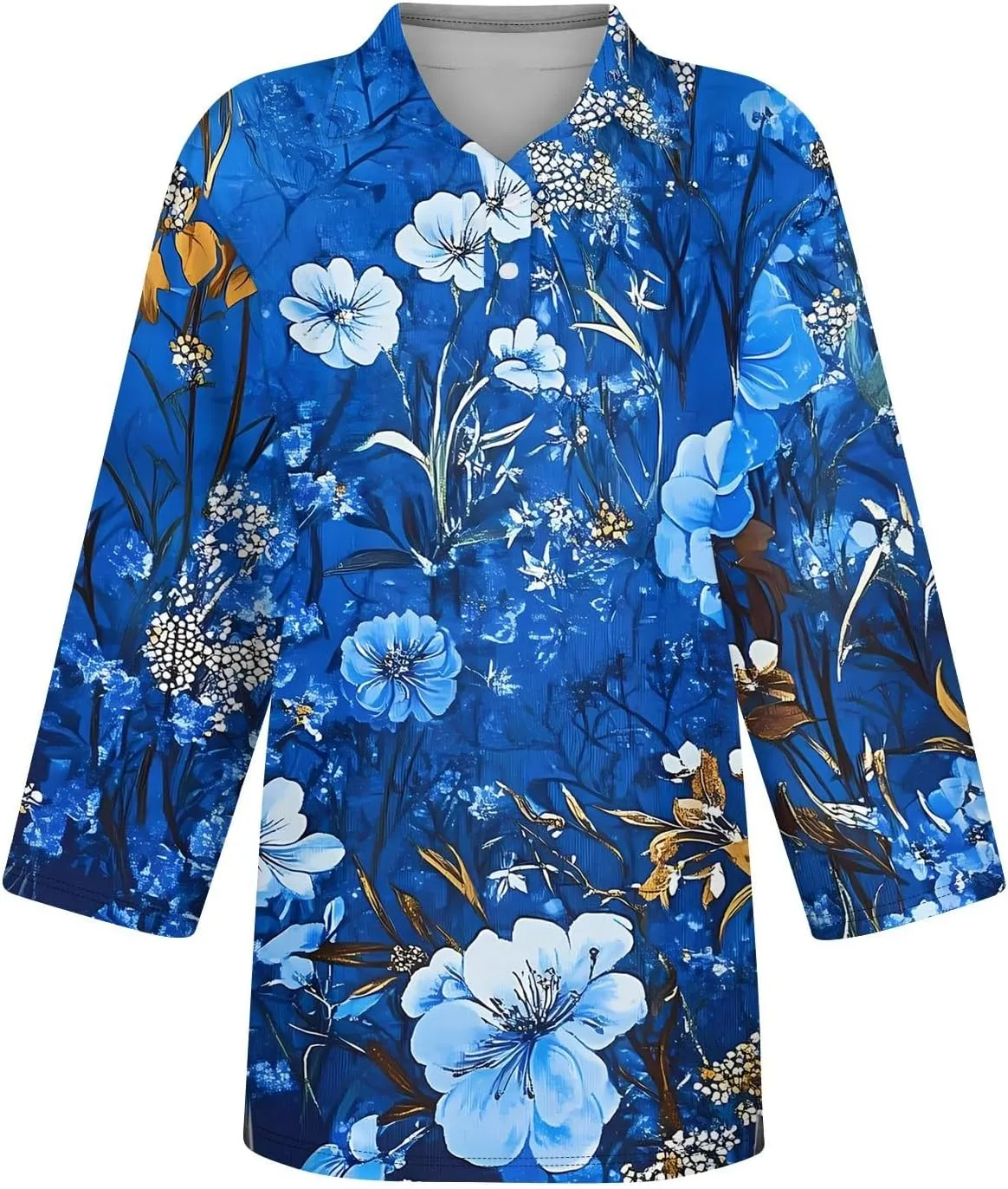 3/4 Sleeve Tops Polo Shirts for Women,Vintage Printed V Neck T Shirt Casual Blouses Button Down Pullover S-3Xl