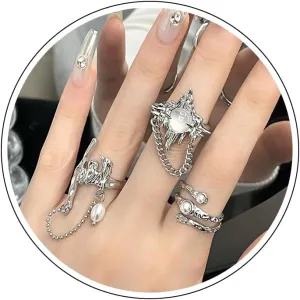 3Pcs Y2k Rings for Women Star Moonstone Pearl Statement Rings Punk Grunge Goth Chunky Ring Cute Adjustable Open Ring Set Fashion Irregular Silver Stacking Thumb Ring Birthday Christmas Gift