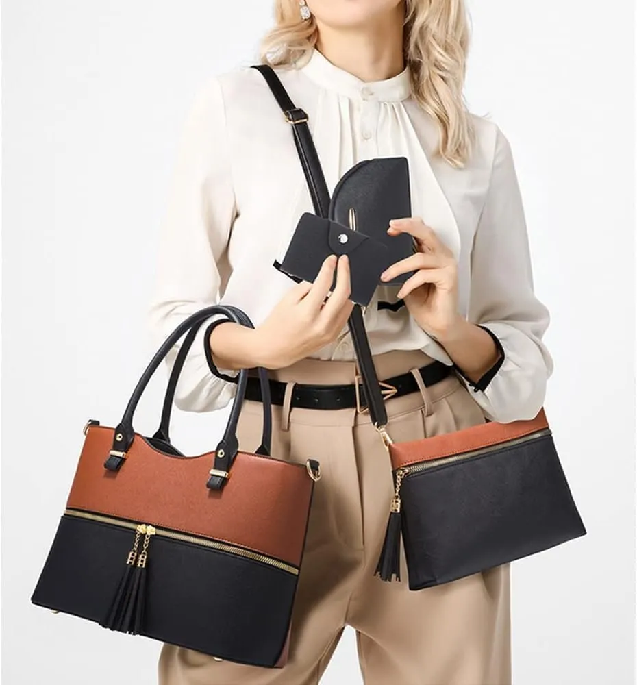 4-Pcs Handbags Sets Women Faux Leather Multicolor Tote Bags Tassels Purses Satchel