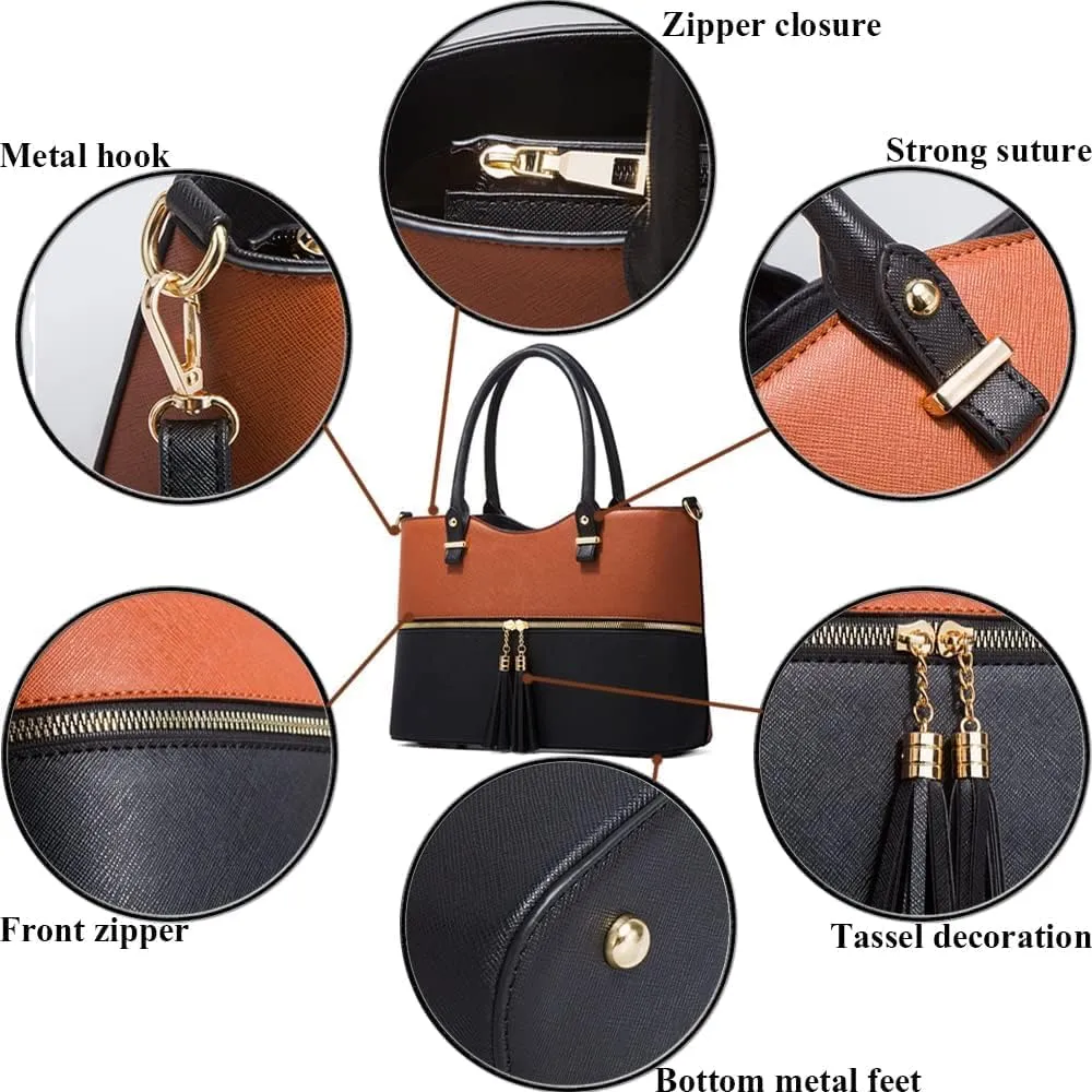 4-Pcs Handbags Sets Women Faux Leather Multicolor Tote Bags Tassels Purses Satchel
