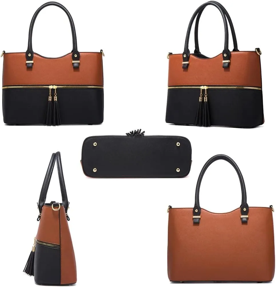 4-Pcs Handbags Sets Women Faux Leather Multicolor Tote Bags Tassels Purses Satchel