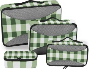 4 Pcs set organizers for travel Mesh Travel Essentials Green White Checkered Plaid lightweight packing cubes set
