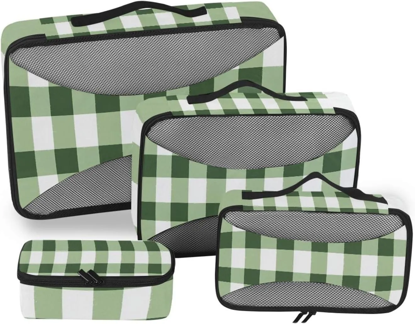 4 Pcs set organizers for travel Mesh Travel Essentials Green White Checkered Plaid lightweight packing cubes set