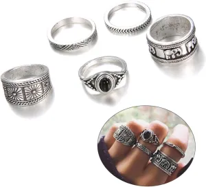 5pcs Set Silver Alloy Totems Ring Set for Women Fashion Statement for Present