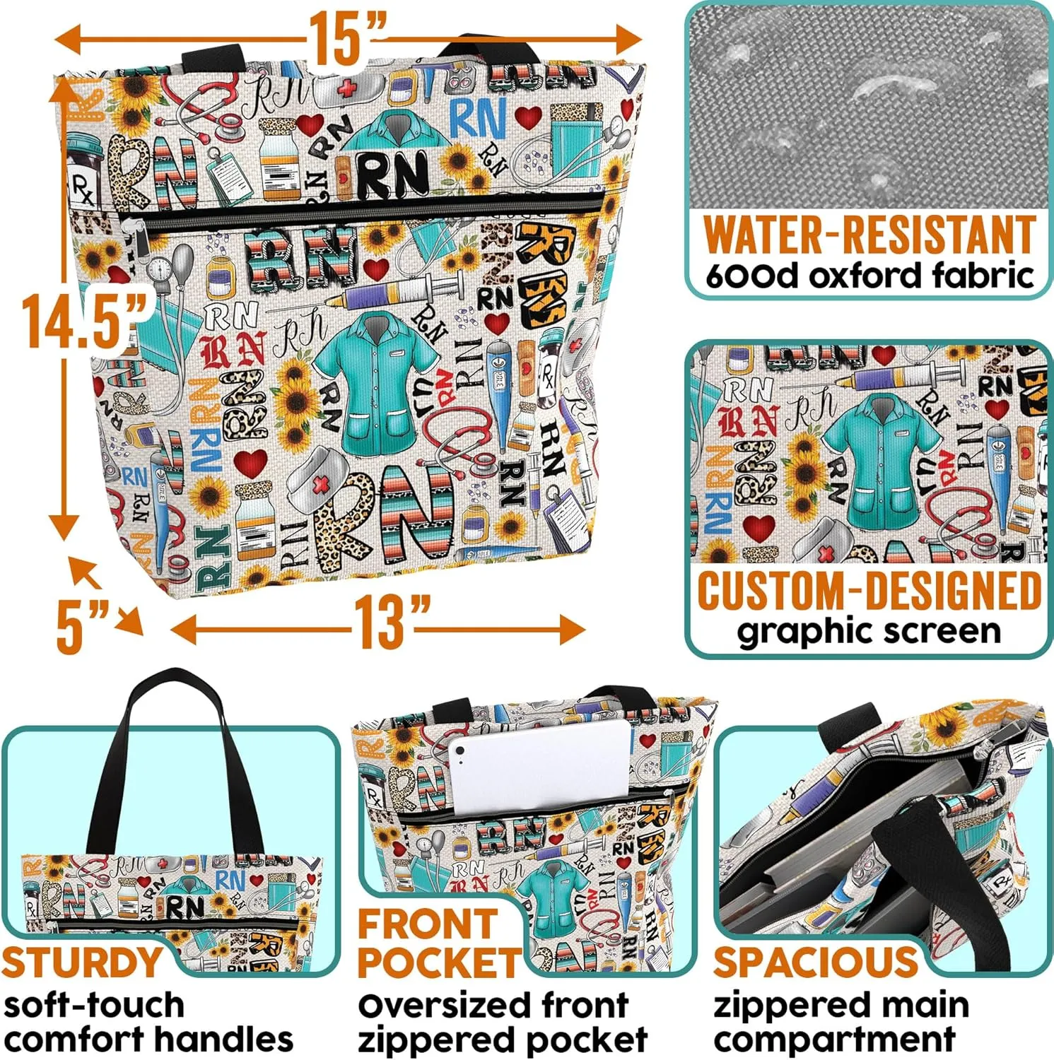 84hoods Aesthetic Tote Bag for Women. Gift for RN Registered Nurse. Large Shoulder Bag with Pockets and Zipper for Work.