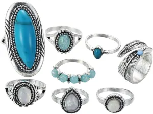8pcs Vintage Turquoise Ring Set Boho Rings Vintage Turquoise Stack for Women Free Size Knuckle
