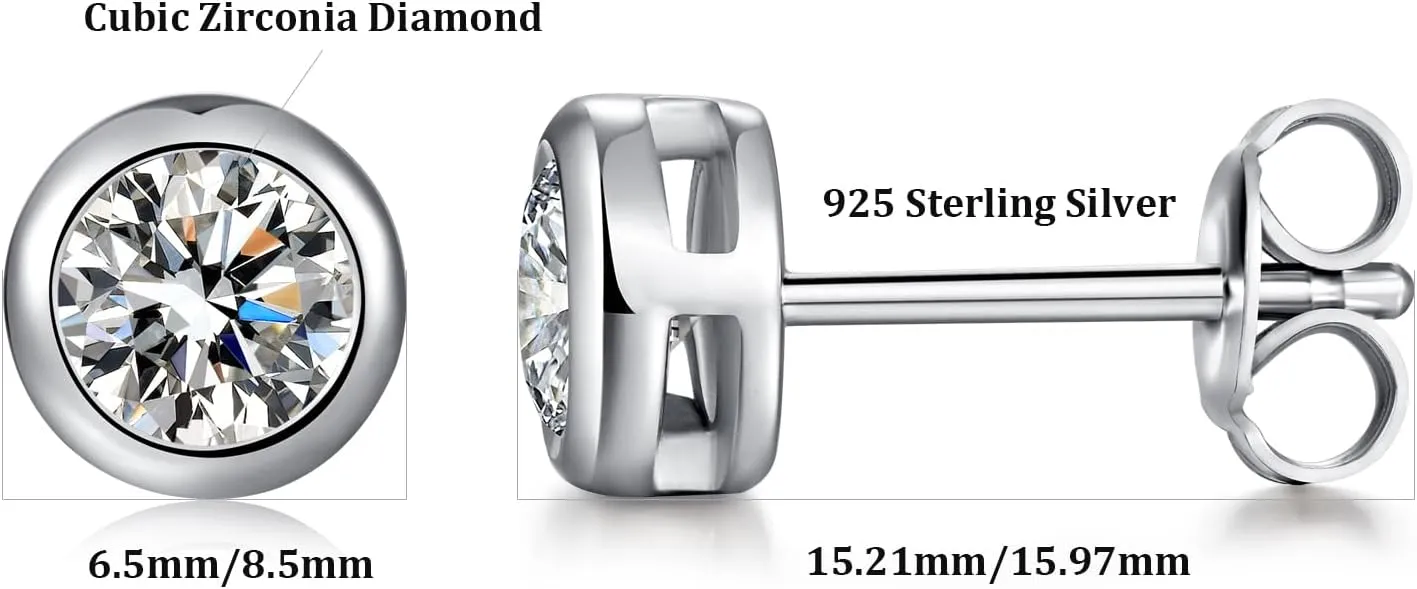 925 Sterling Silver Bezel Diamond Stud Earrings for Women Hypoallergenic Cubic Zirconia Stud Earrings for Unisex