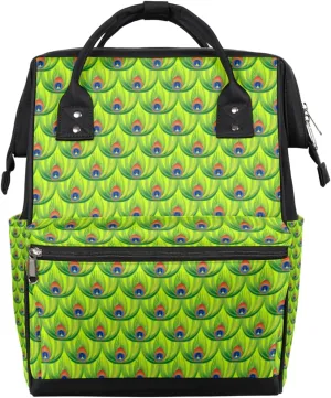 Abstract Green Peacock Feathers Diaper Bag Tote Large Capacity Waterproof with Adjustable Shoulder Strap and Pram Straps Mommy Bag for Hospital Beach Weekender Travel