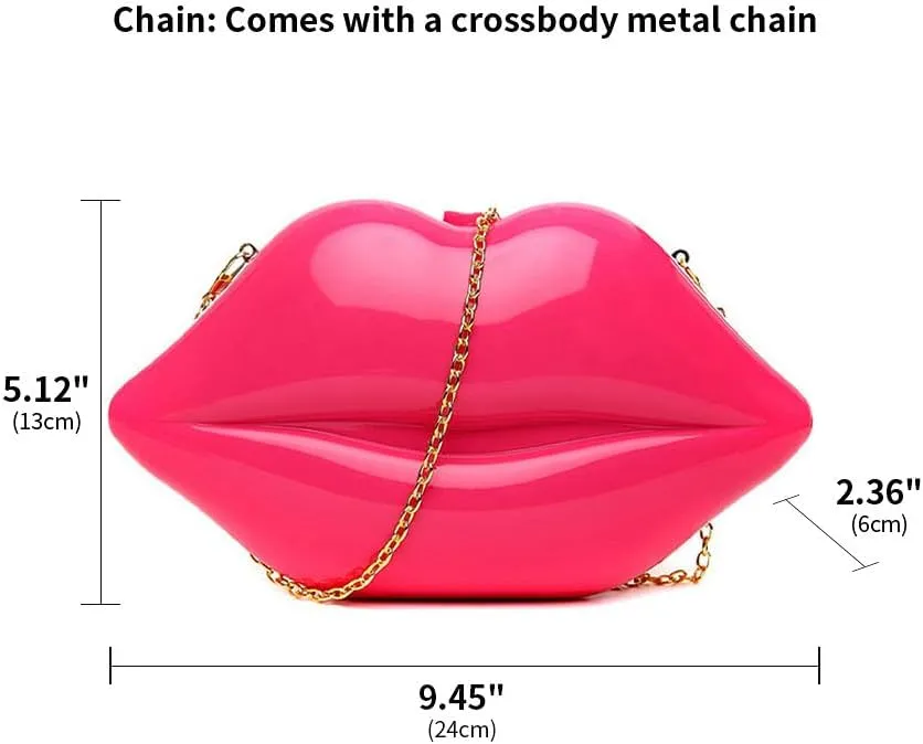 Acrylic Clutch Purse for Wedding Lip Shaped Evening Handbag Fun Evening Bag Crossbody Shoulder Bag with Metal Chain Pink