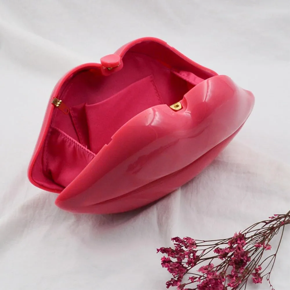 Acrylic Clutch Purse for Wedding Lip Shaped Evening Handbag Fun Evening Bag Crossbody Shoulder Bag with Metal Chain Pink