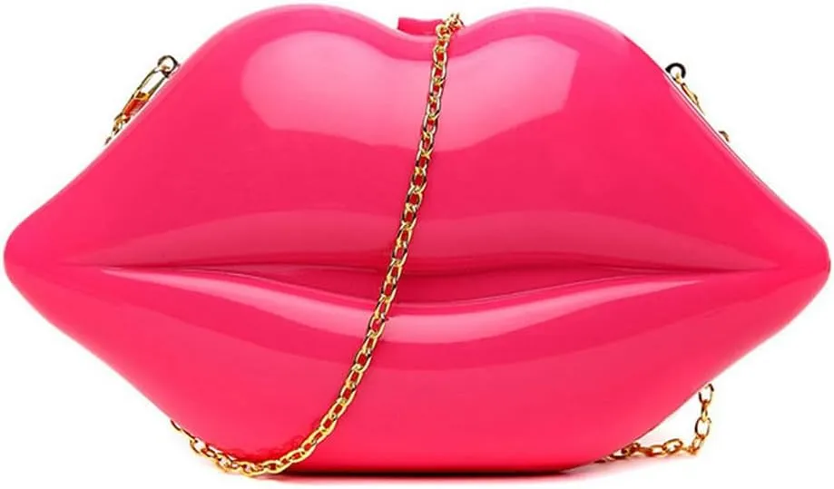 Acrylic Clutch Purse for Wedding Lip Shaped Evening Handbag Fun Evening Bag Crossbody Shoulder Bag with Metal Chain Pink