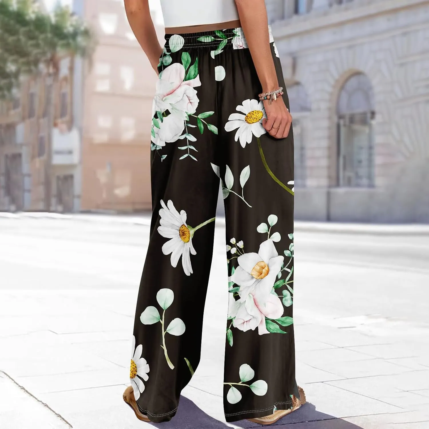 ADHOWBEW Beach Pants for Women Summer Palazzo 2025 Relaxed Fit Bohemian Style Elastic Waist Dressy Bottoms