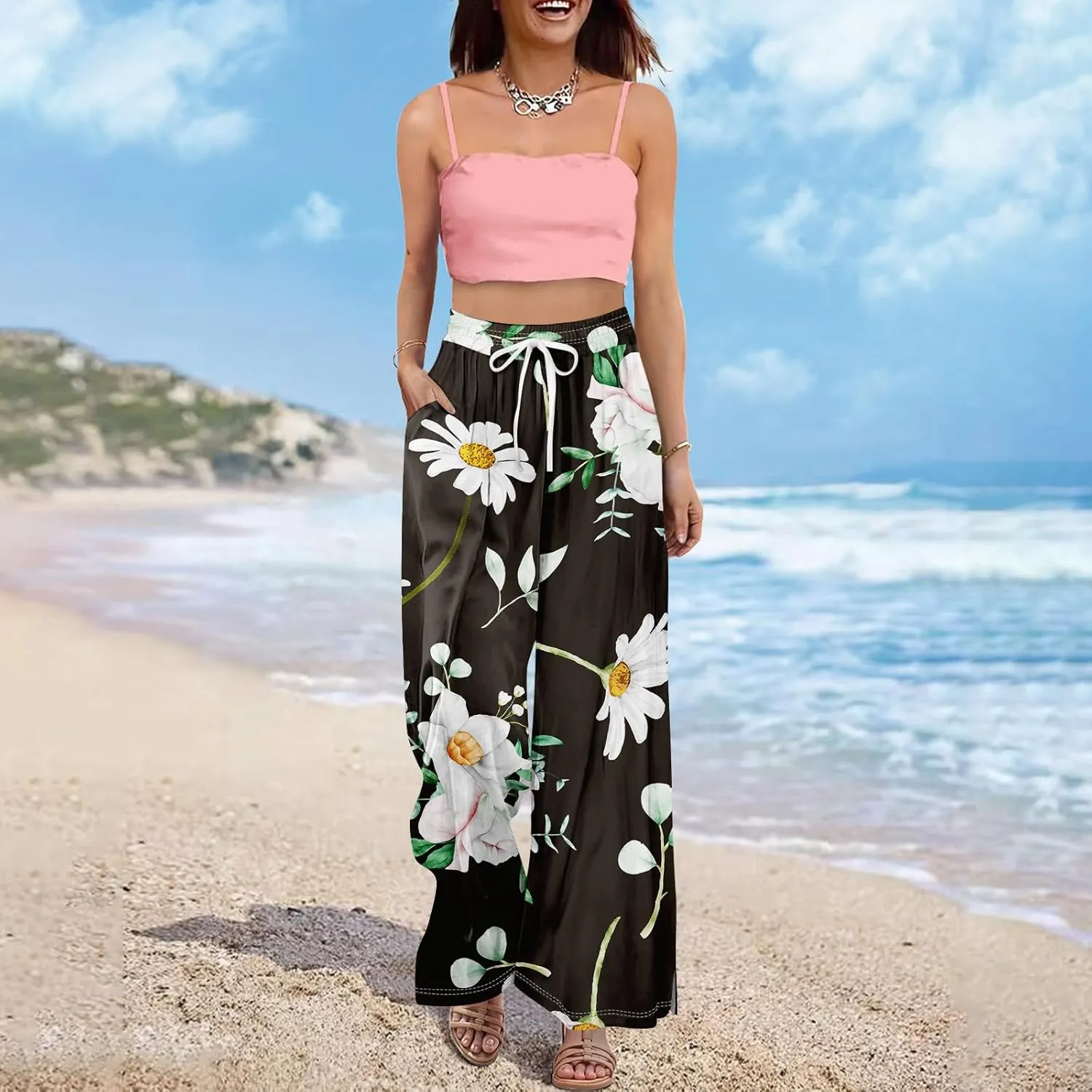 ADHOWBEW Beach Pants for Women Summer Palazzo 2025 Relaxed Fit Bohemian Style Elastic Waist Dressy Bottoms