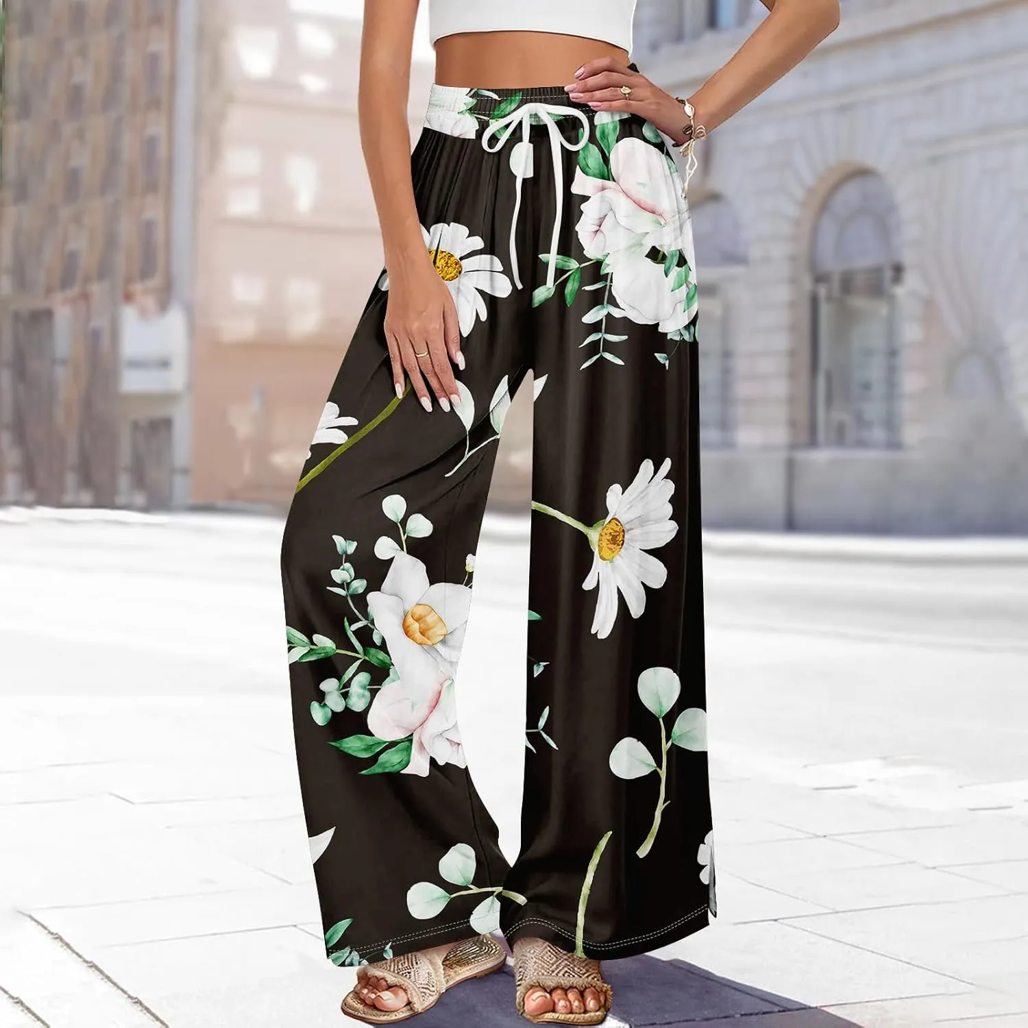 ADHOWBEW Beach Pants for Women Summer Palazzo 2025 Relaxed Fit Bohemian Style Elastic Waist Dressy Bottoms