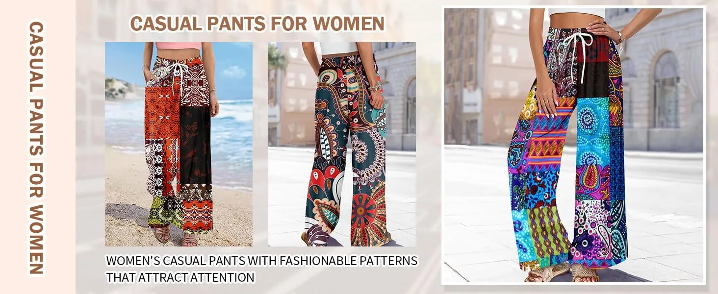 ADHOWBEW Beach Pants for Women Summer Palazzo 2025 Relaxed Fit Bohemian Style Elastic Waist Dressy Bottoms