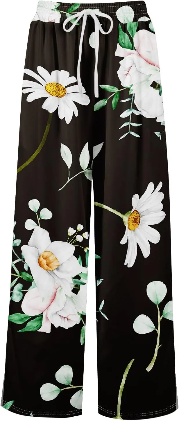 ADHOWBEW Beach Pants for Women Summer Palazzo 2025 Relaxed Fit Bohemian Style Elastic Waist Dressy Bottoms