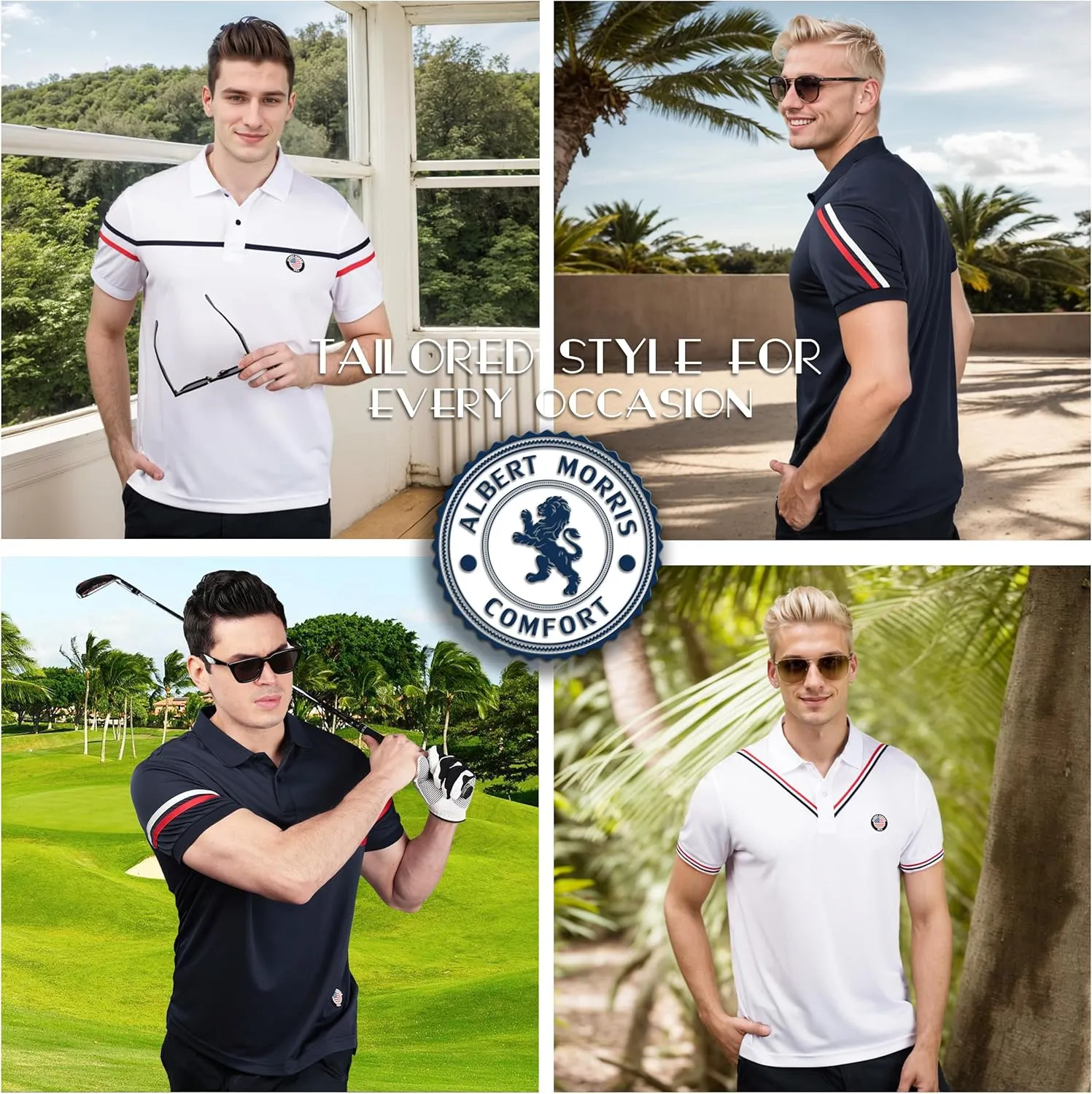 Albert Morris Mens Striped Short Sleeve Polo Shirts 4 Pack