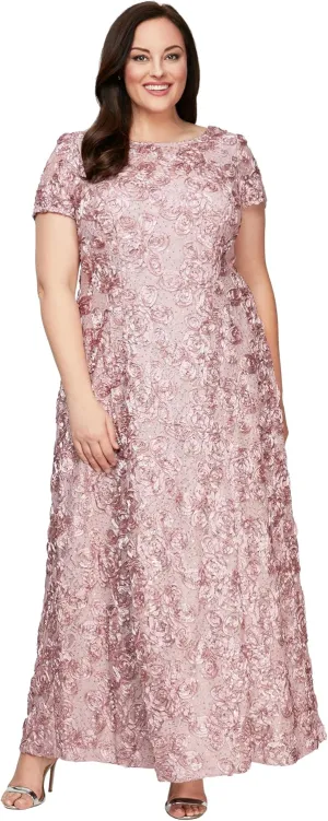 Alex Evenings Women's Long Rosette Mother of The Bride Dress with Short Sleeves, Formal Gown, Wedding Guest (Plus Size)