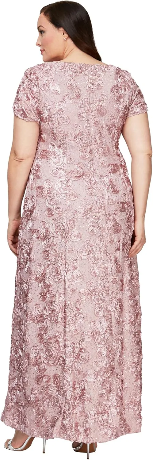 Alex Evenings Women's Long Rosette Mother of The Bride Dress with Short Sleeves, Formal Gown, Wedding Guest (Plus Size)