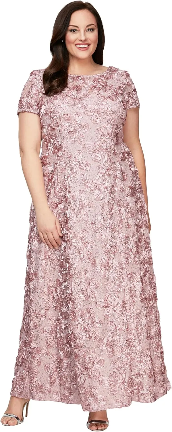 Alex Evenings Women's Long Rosette Mother of The Bride Dress with Short Sleeves, Formal Gown, Wedding Guest (Plus Size)