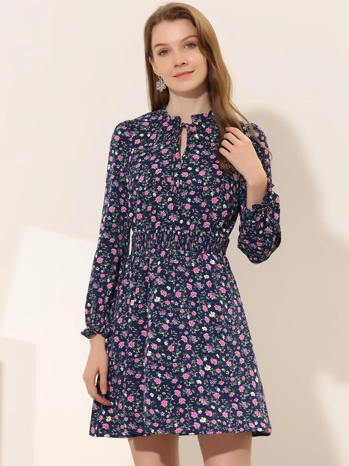 Allegra K Women's Smocked Waist Tie Neck Floral Long Sleeve Dress