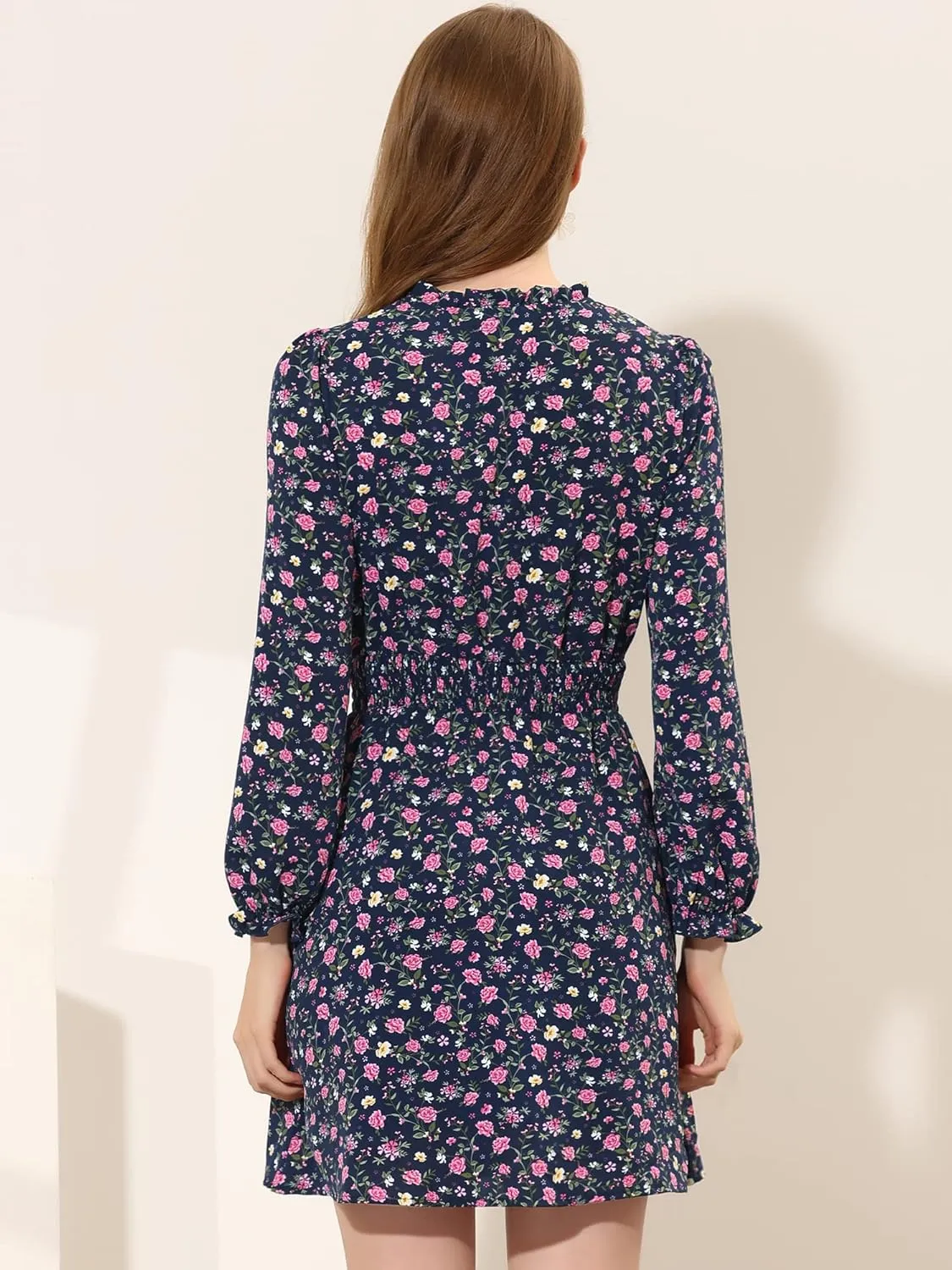 Allegra K Women's Smocked Waist Tie Neck Floral Long Sleeve Dress