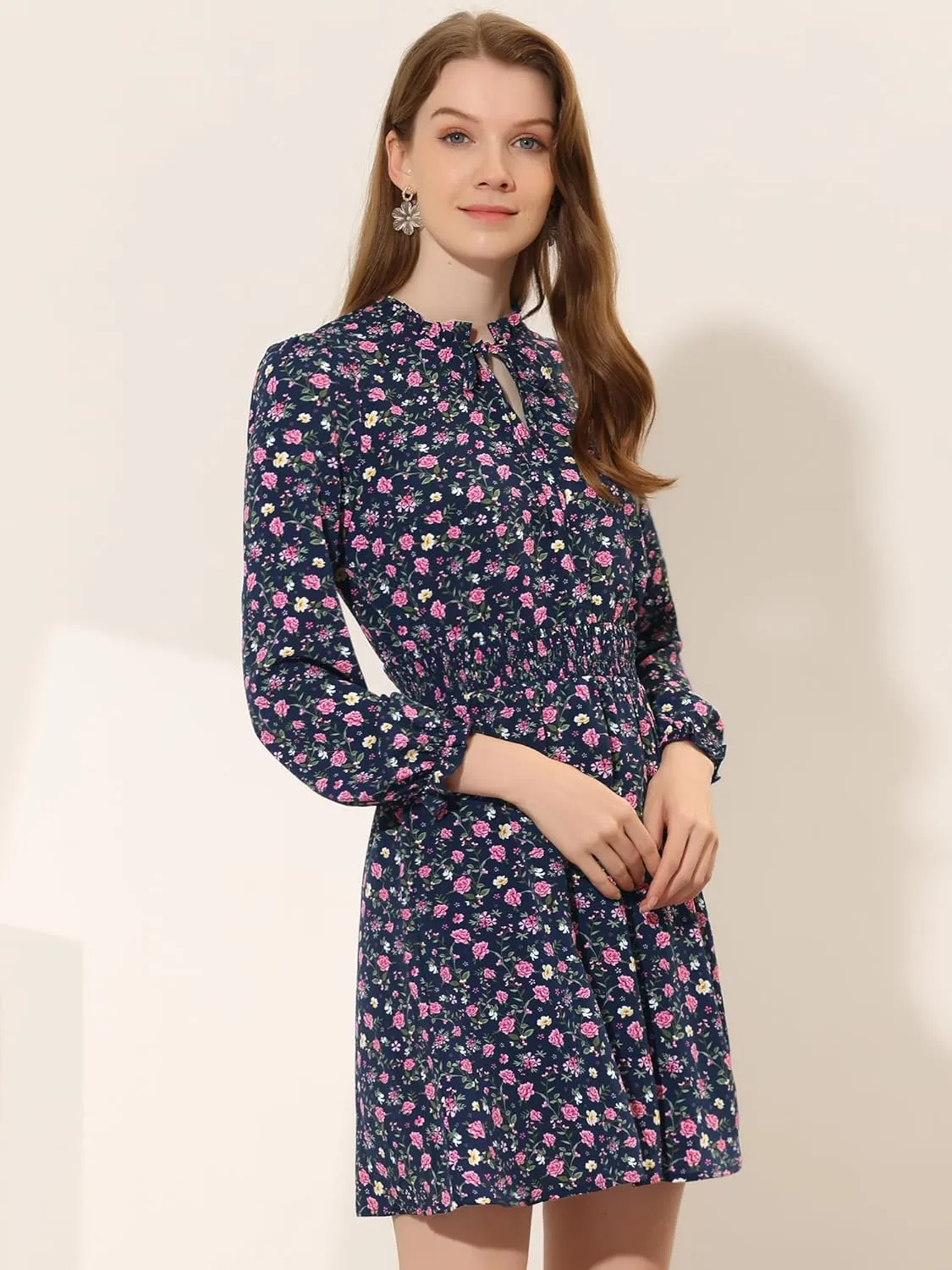 Allegra K Women's Smocked Waist Tie Neck Floral Long Sleeve Dress