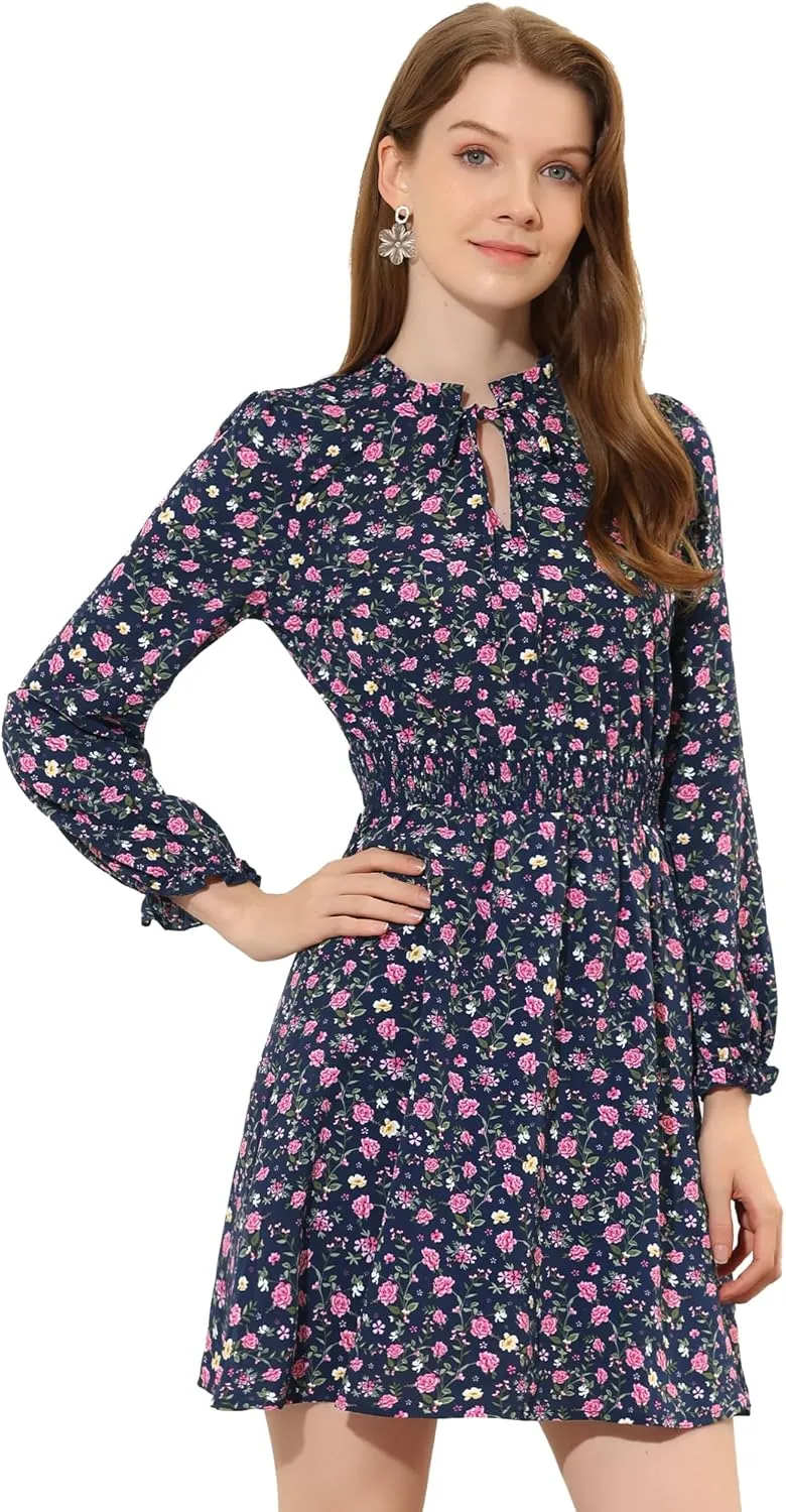 Allegra K Women's Smocked Waist Tie Neck Floral Long Sleeve Dress