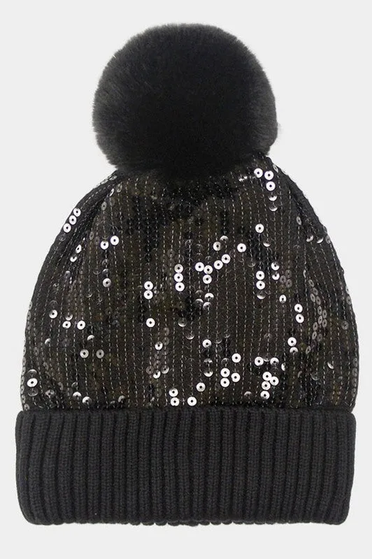Alloni Sequin Pom Pom Beanie