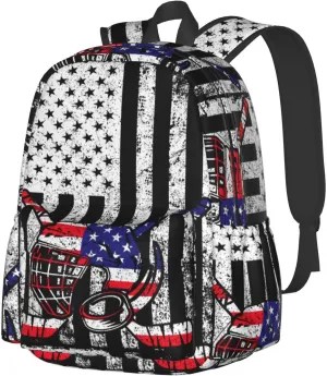 American Flag Ice Hockey Casual Backpacks Large Travel Backpack Laptop Rucksack Sports Daypack Adjustable Strap Bag for Camping Hiking