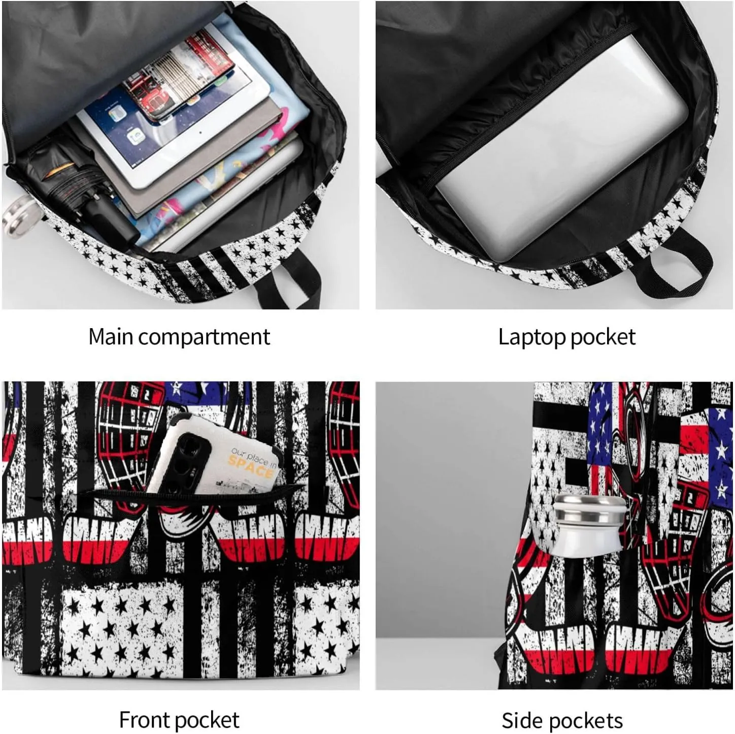 American Flag Ice Hockey Casual Backpacks Large Travel Backpack Laptop Rucksack Sports Daypack Adjustable Strap Bag for Camping Hiking