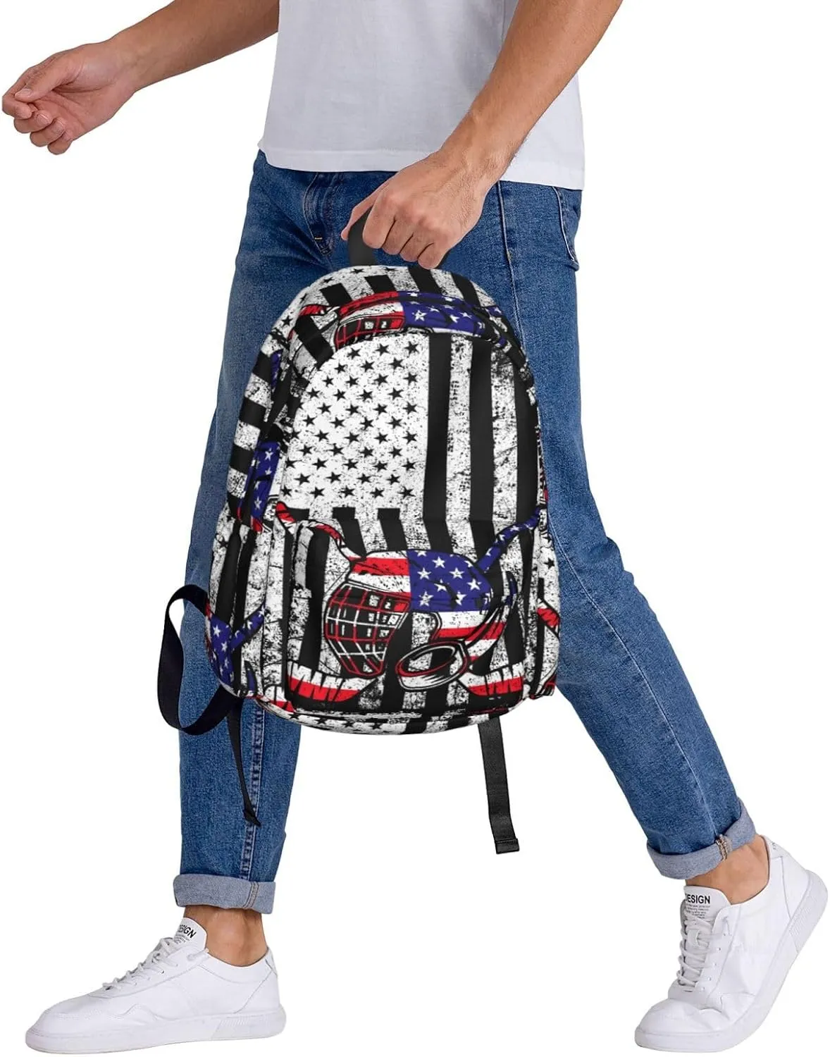 American Flag Ice Hockey Casual Backpacks Large Travel Backpack Laptop Rucksack Sports Daypack Adjustable Strap Bag for Camping Hiking