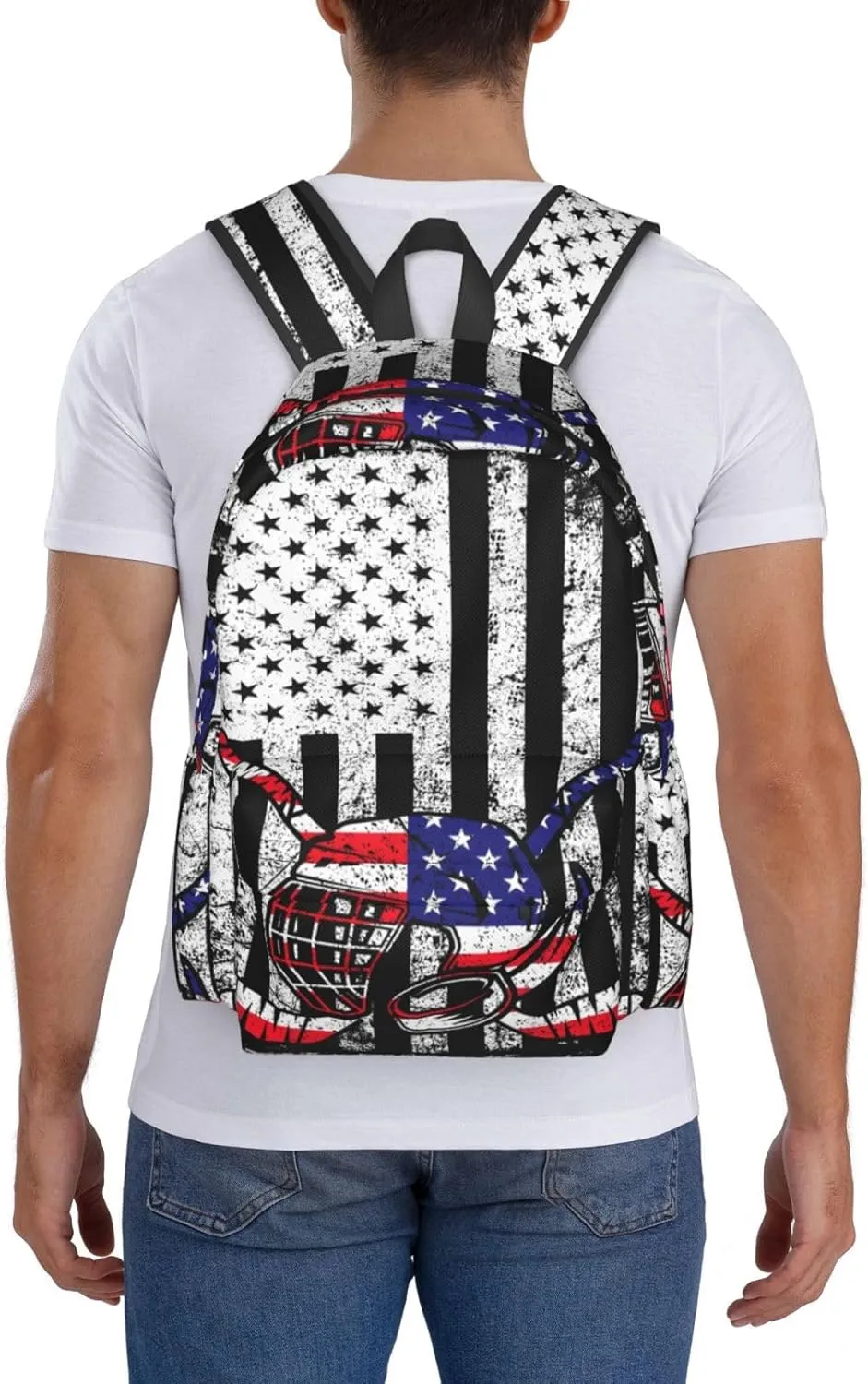 American Flag Ice Hockey Casual Backpacks Large Travel Backpack Laptop Rucksack Sports Daypack Adjustable Strap Bag for Camping Hiking