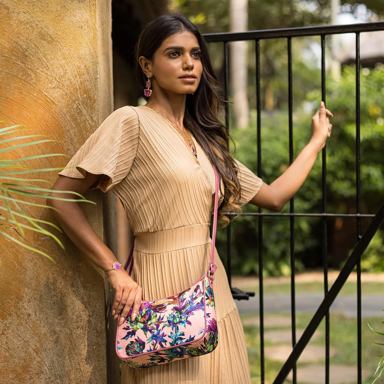Anuschka East/West Hobo-Wanderlust Collection-Nylon Fabric with Leather Trim and Artwork Print