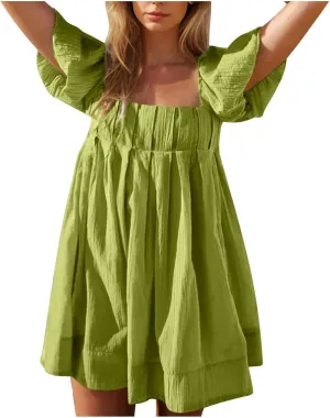 Babydoll Dresses for Women 2025 Cute Puff Short Sleeve Square Neck Tshirt Dress High Waist A Line Dress Mini Dresses