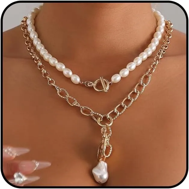 Baroque Layered Pearls Beaded Pendant Necklace, 14K Gold Link Chain Choker Geometric Pearls Coins Statement Necklace Stackable Jewelry for Women