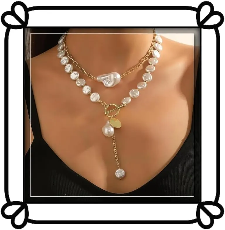 Baroque Pearl Layered Necklace - Gold Paperclip Chain Paired With Irregular Large Pearls- Y-Shaped Pendant Style